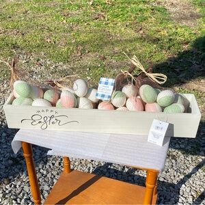 'Happy Easter' Wooden Box 3" X 5" X 23 1/2" Styrofoam White/Green/Pink Eggs (40)